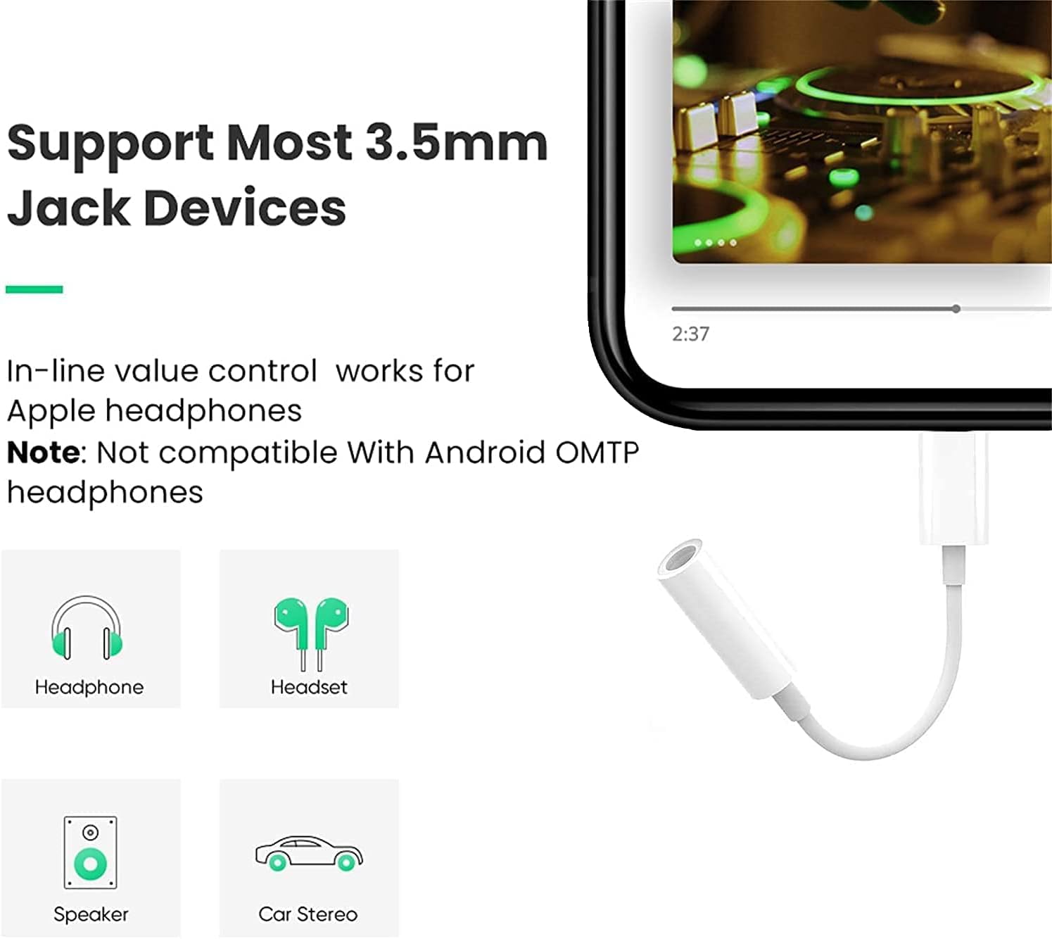 MFi Certified 2 Pack Lightning to 3.5 mm Headphone Jack Adapter for iPhone