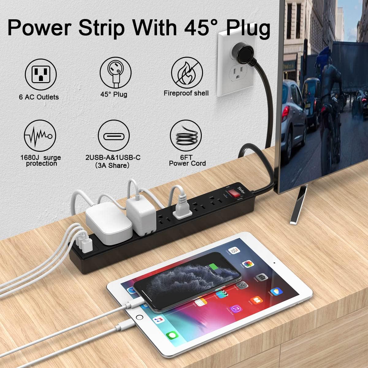 6Ft Power Strip Surge Protector -