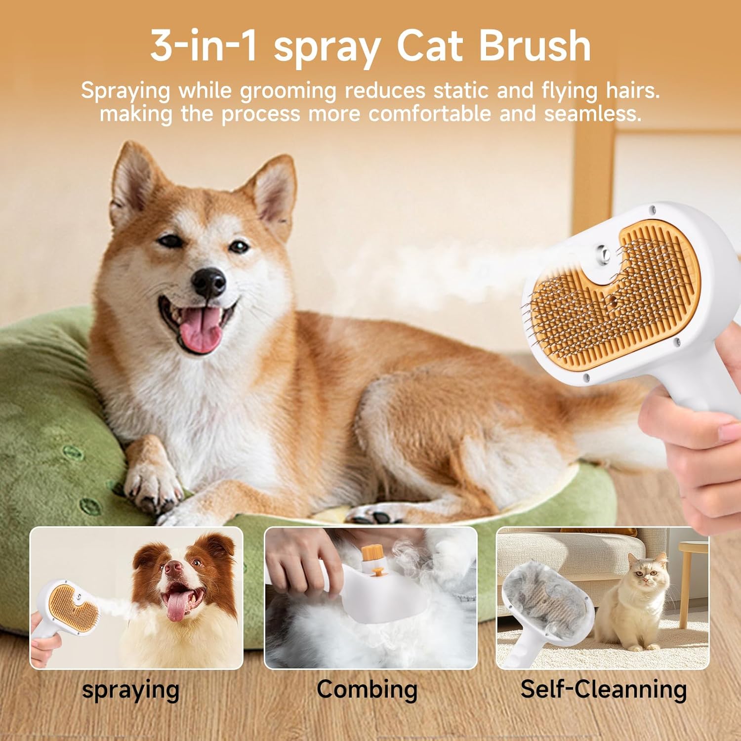 Pet Steam Brush for Dog & Cat – 3-in-1