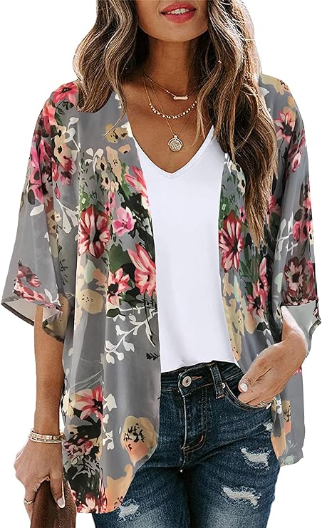 Women's Floral Print Puff Sleeve Kimono Cardigan Loose