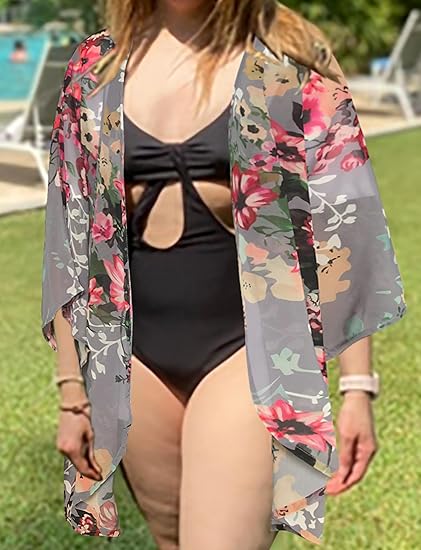 Women's Floral Print Puff Sleeve Kimono Cardigan Loose