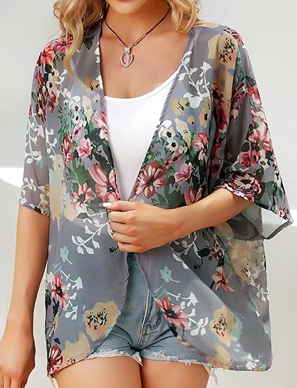 Women's Floral Print Puff Sleeve Kimono Cardigan Loose
